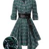 Clothing Retro Stage | 1950S 3/4 Sleeve Plaid Belt Long Tops