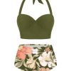 Clothing Retro Stage | 1950S Lace-Up Halter Flowers Bikini Set Olive