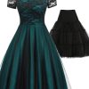 Clothing Retro Stage | 2Pcs Off Shoulder 1950S Dress & Black Petticoat Dark Green