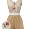 Clothing Retro Stage | 1950S Embroidered Rose V-Neck Romper Khaki