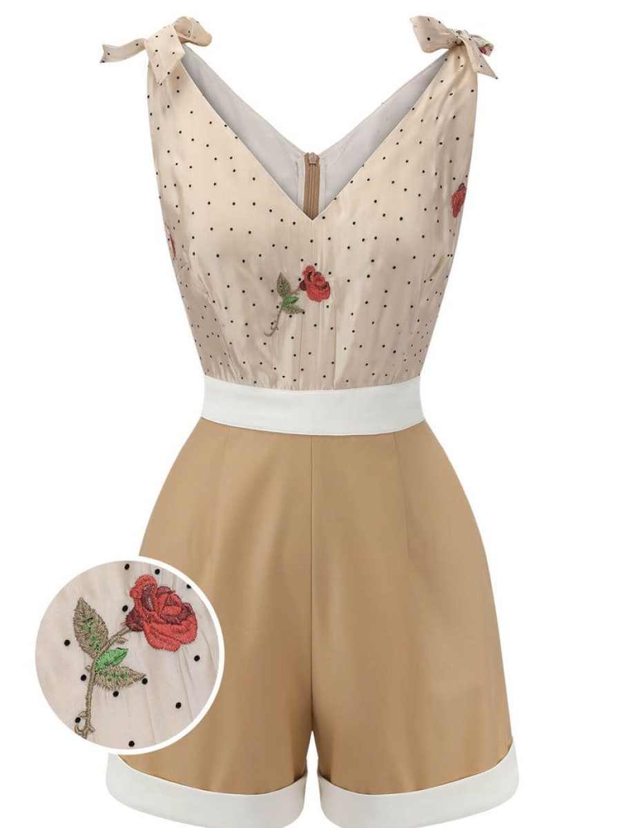 Clothing Retro Stage | 1950S Embroidered Rose V-Neck Romper Khaki