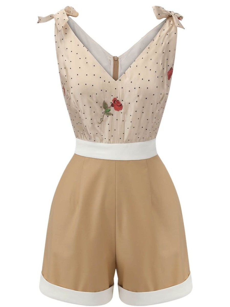 Clothing Retro Stage | 1950S Embroidered Rose V-Neck Romper Khaki