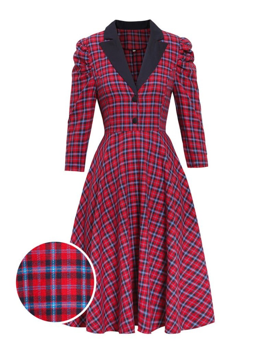 Clothing Retro Stage | 1950S Plaid 3/4 Puff Sleeve Dress Red