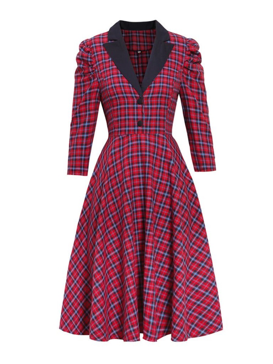 Clothing Retro Stage | 1950S Plaid 3/4 Puff Sleeve Dress Red