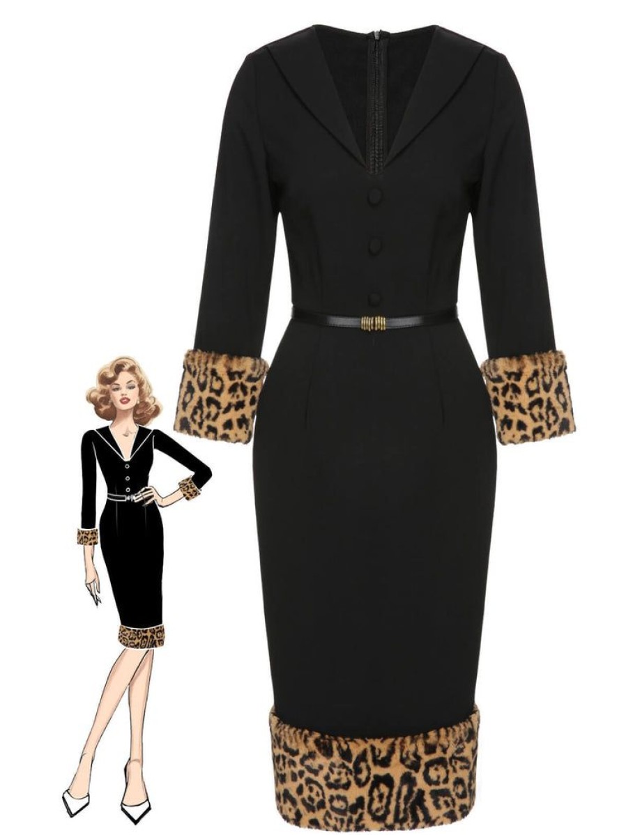 Clothing Retro Stage | 1960S Leopard Plush V-Neck Pencil Dress Black