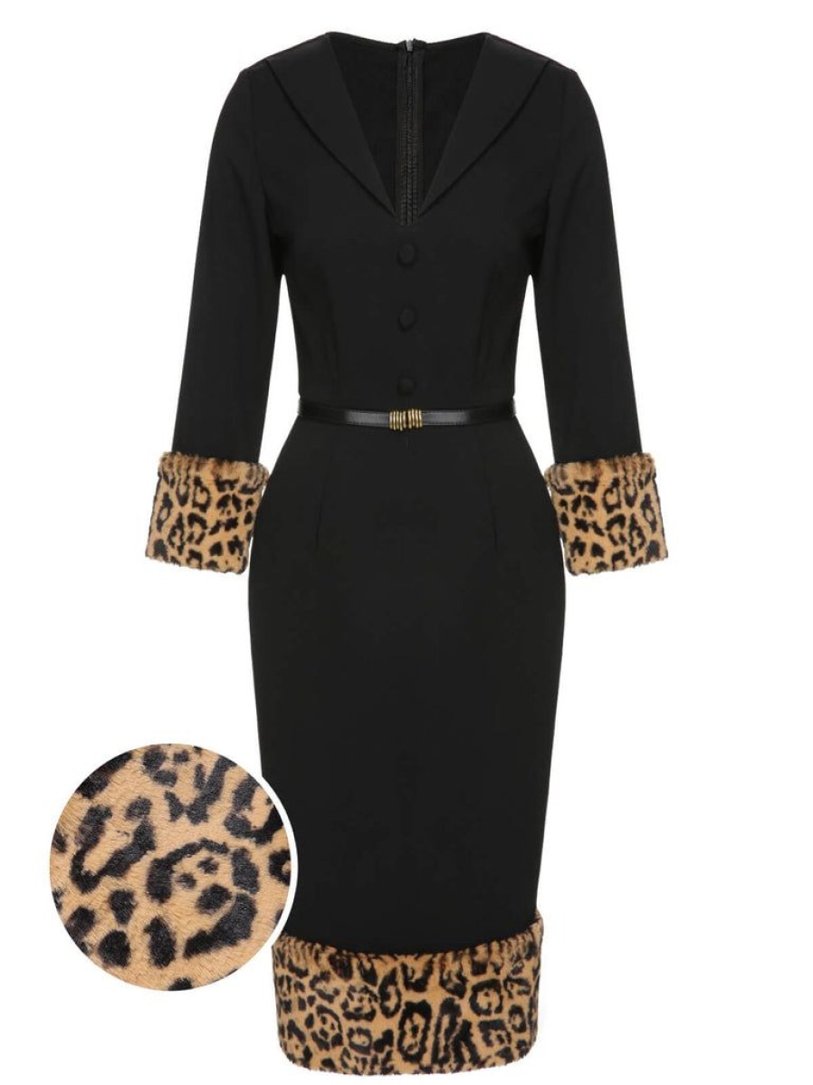 Clothing Retro Stage | 1960S Leopard Plush V-Neck Pencil Dress Black