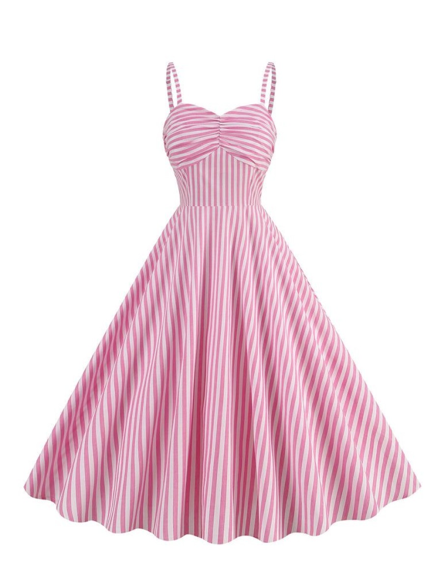 Clothing Retro Stage | 1950S Spaghetti Strap Stripes Swing Dress Pink