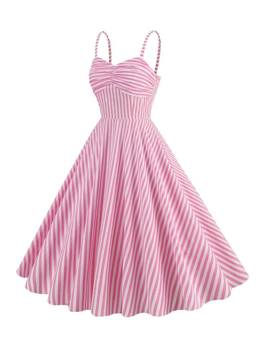 Clothing Retro Stage | 1950S Spaghetti Strap Stripes Swing Dress Pink