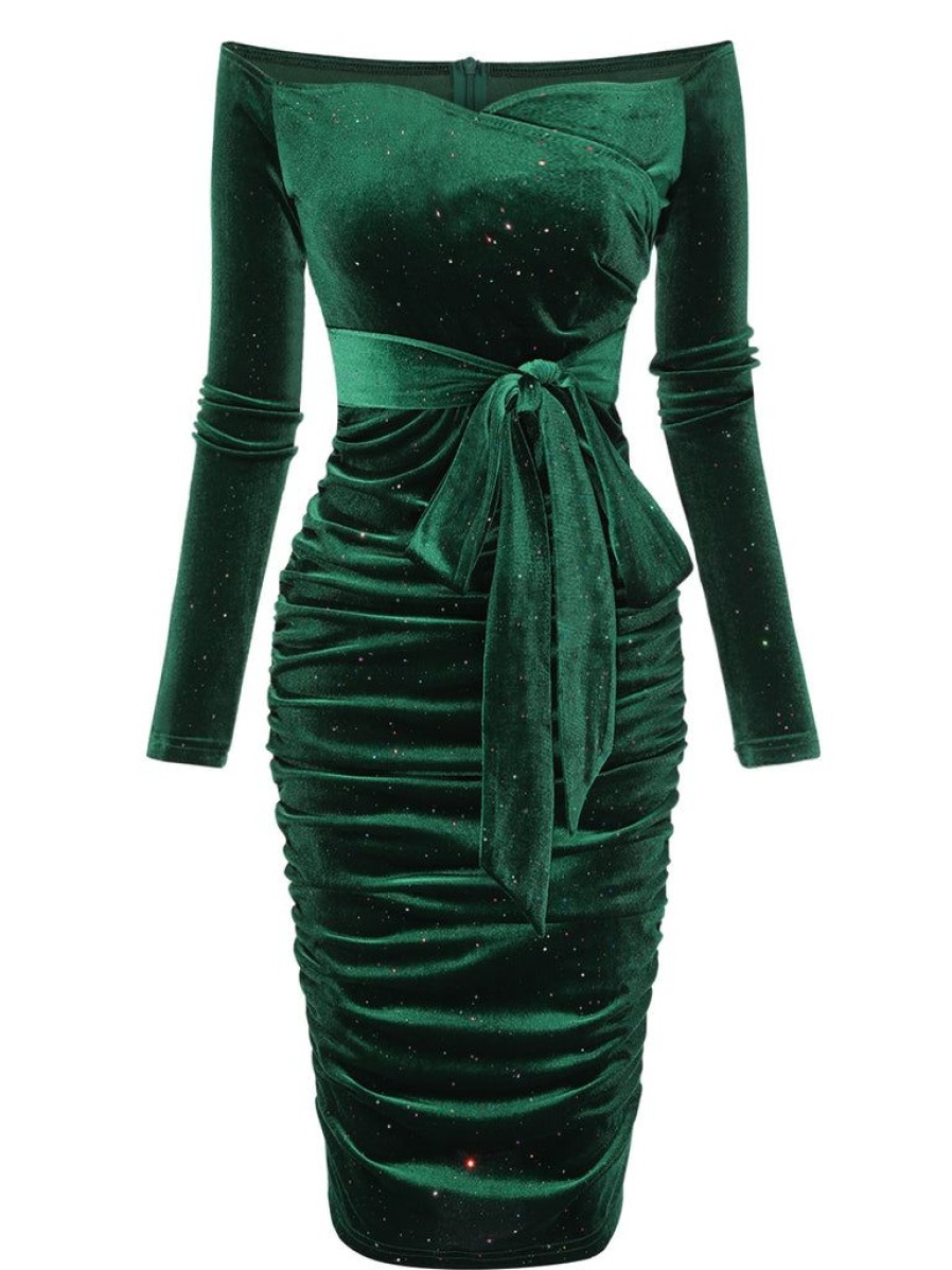 Clothing Retro Stage | 1960S Solid Off-Shoulder Velvet Dress Dark Green