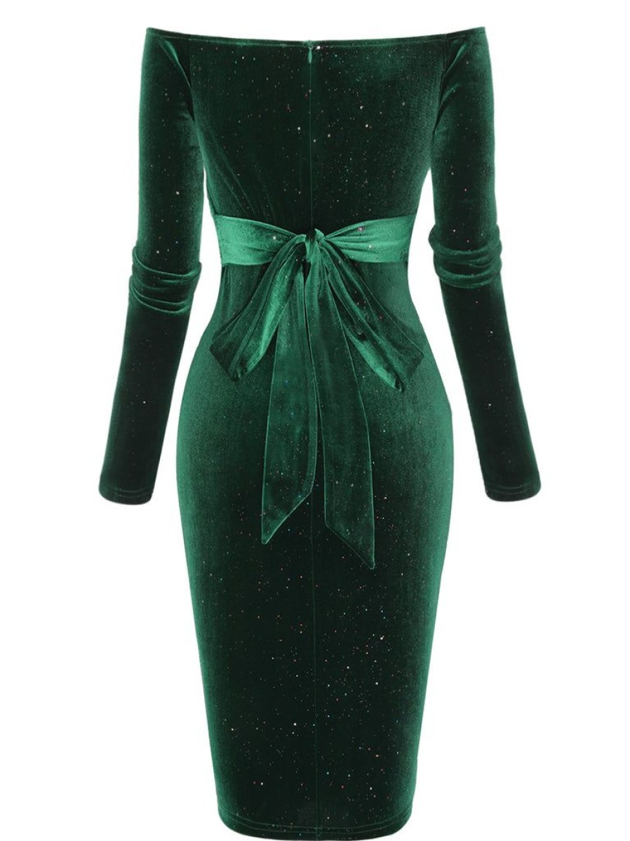 Clothing Retro Stage | 1960S Solid Off-Shoulder Velvet Dress Dark Green