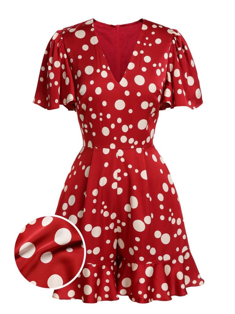 Clothing Retro Stage | 1930S Polka Dot Ruffle Romper Red