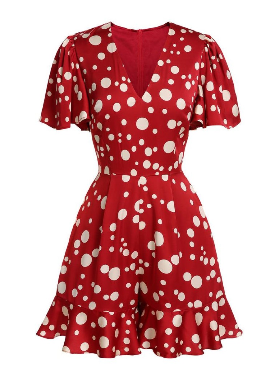 Clothing Retro Stage | 1930S Polka Dot Ruffle Romper Red