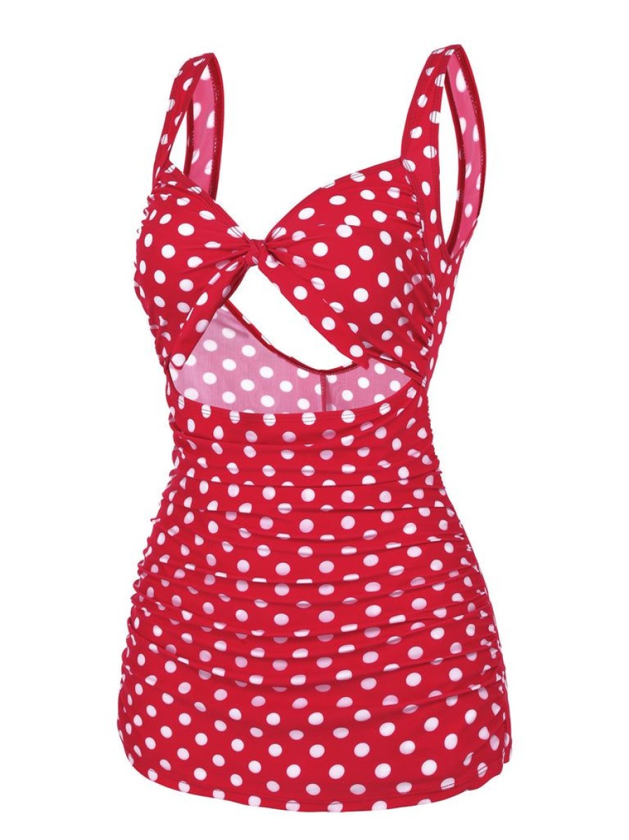 Clothing Retro Stage | 1940S Polka Dot Strap One-Piece Swimsuit Red