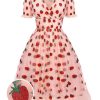 Clothing Retro Stage | 1950S Lace Strawberry Swing Dress Pink