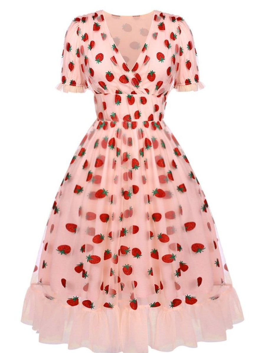 Clothing Retro Stage | 1950S Lace Strawberry Swing Dress Pink