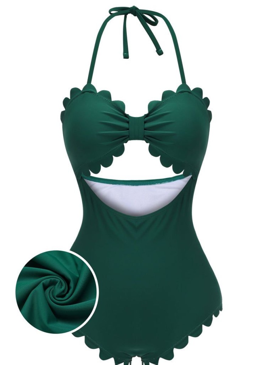 Clothing Retro Stage | 1940S Solid Halter One-Piece Swimsuit Dark Green