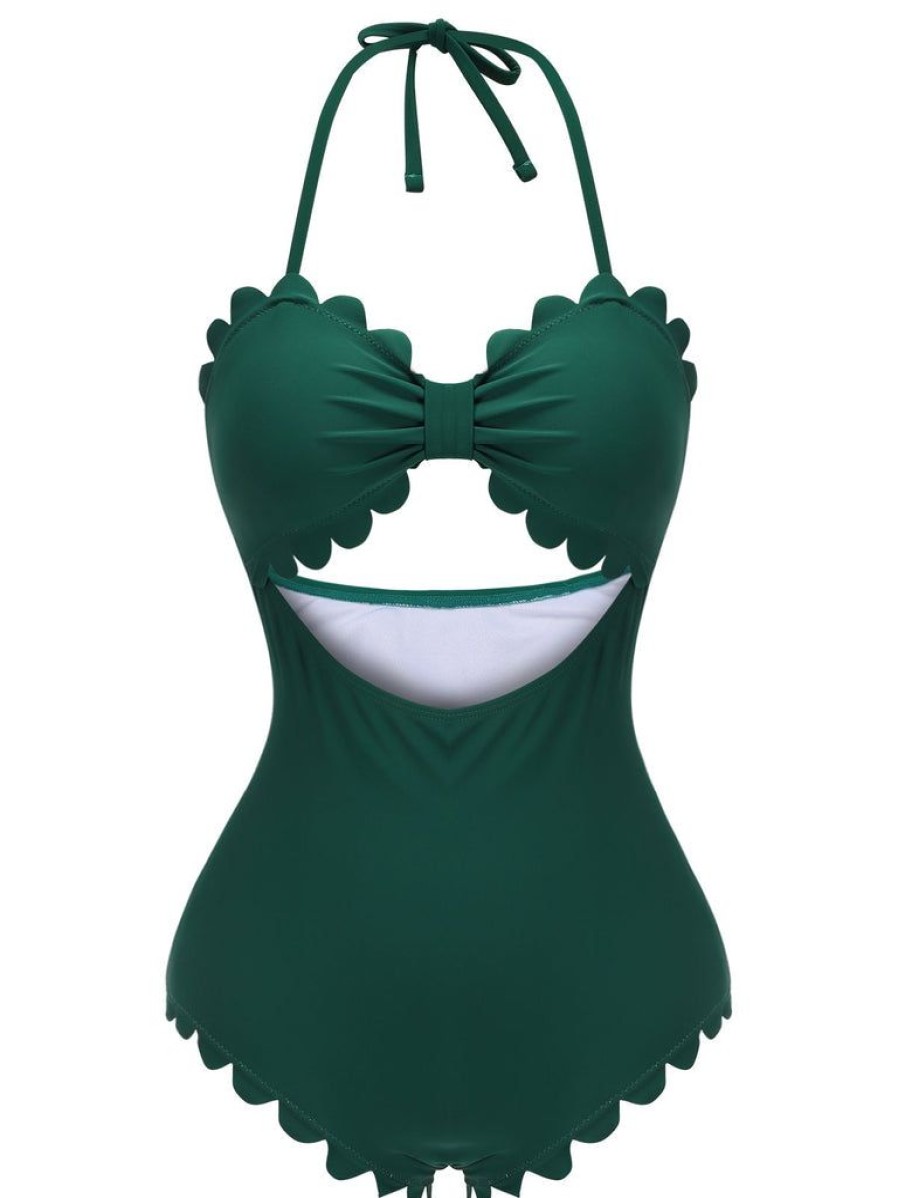 Clothing Retro Stage | 1940S Solid Halter One-Piece Swimsuit Dark Green