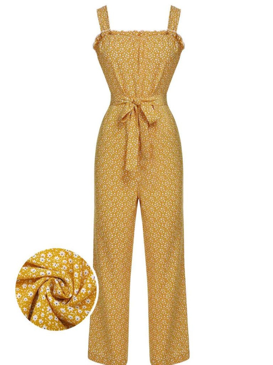 Clothing Retro Stage | 1930S Floral Ruffles Tie Jumpsuit Yellow