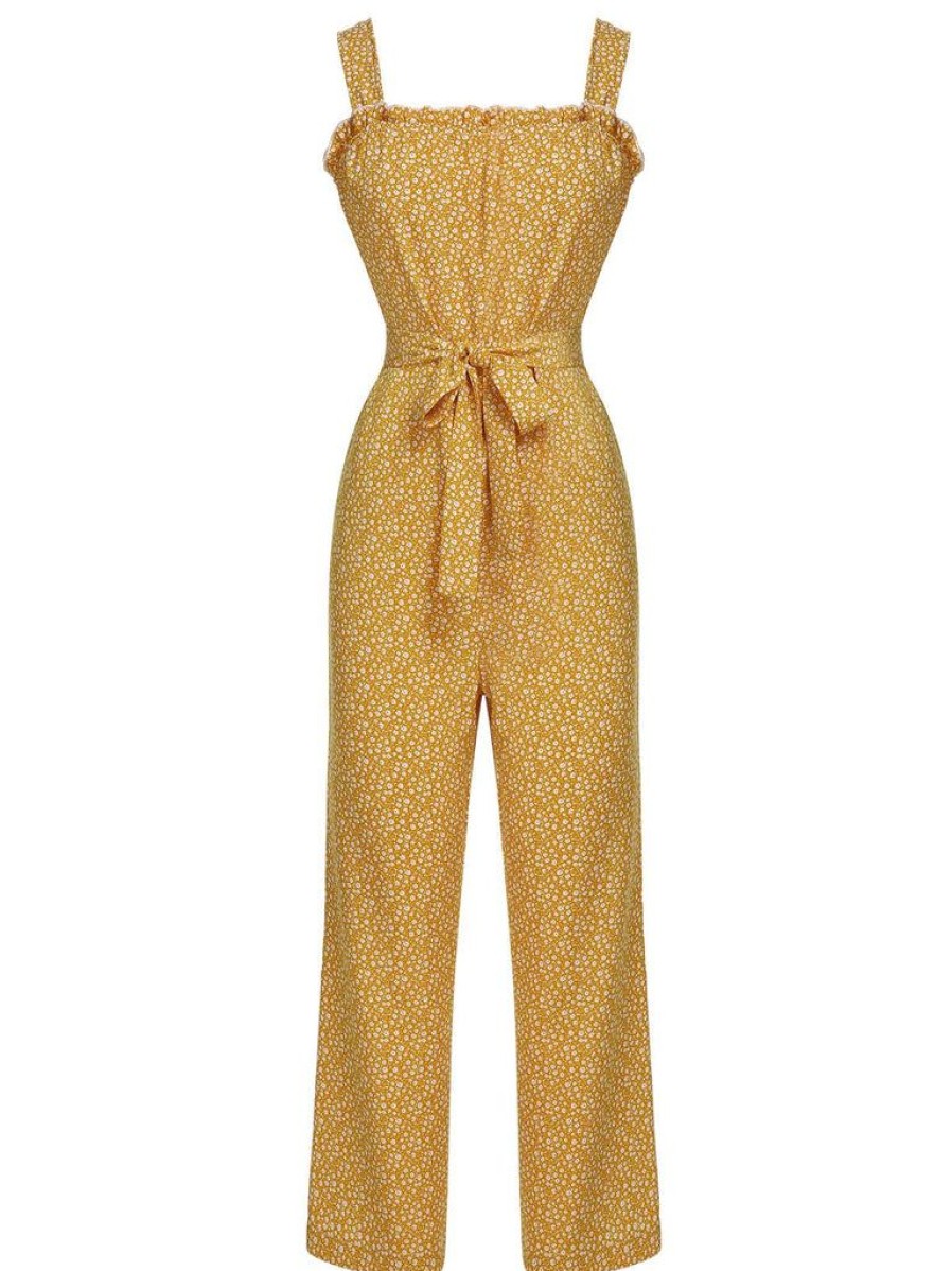 Clothing Retro Stage | 1930S Floral Ruffles Tie Jumpsuit Yellow