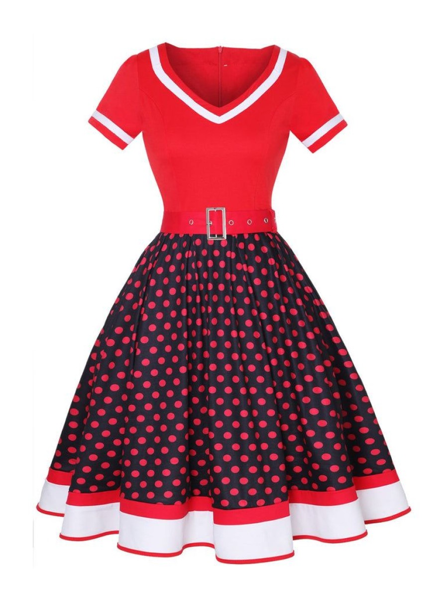 Clothing Retro Stage | Multicolor 1950S Polka Dots Patchwork Belted Dress