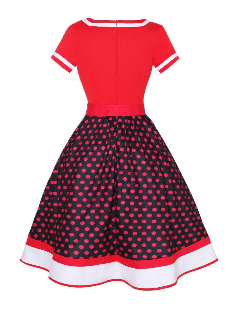 Clothing Retro Stage | Multicolor 1950S Polka Dots Patchwork Belted Dress