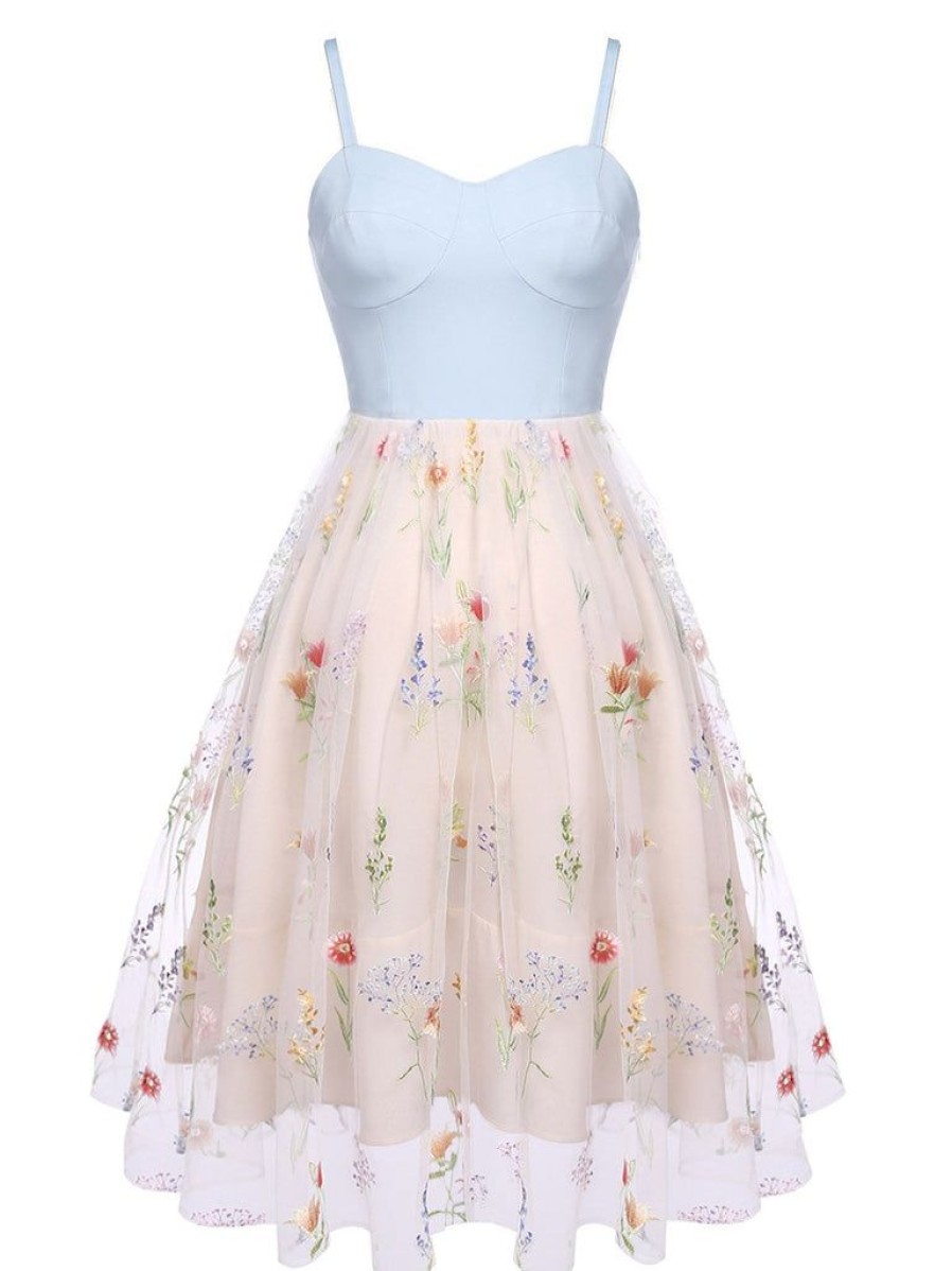 Clothing Retro Stage | 1950S Floral Embroidery Swing Dress Blue