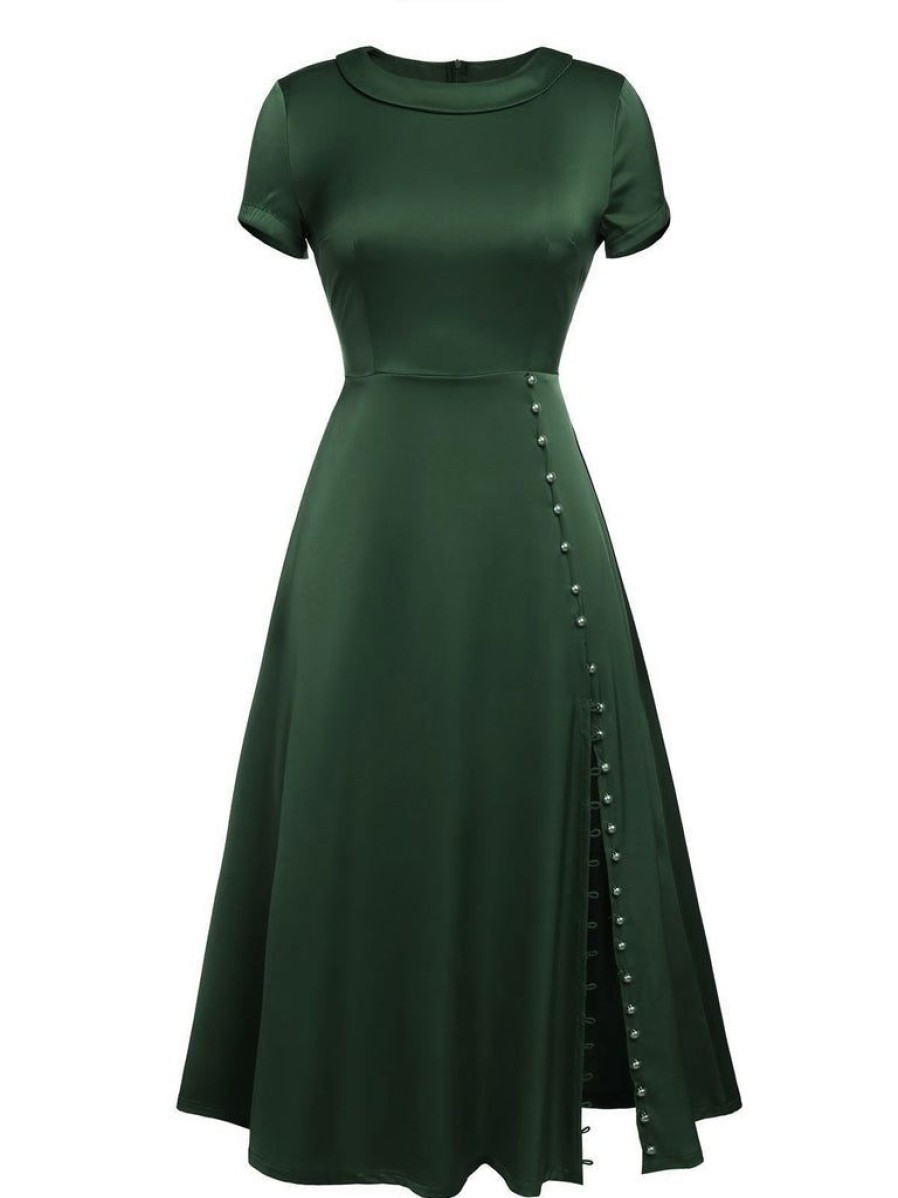 Clothing Retro Stage | 1940S Pearl Buttons Solid Darlene Dress