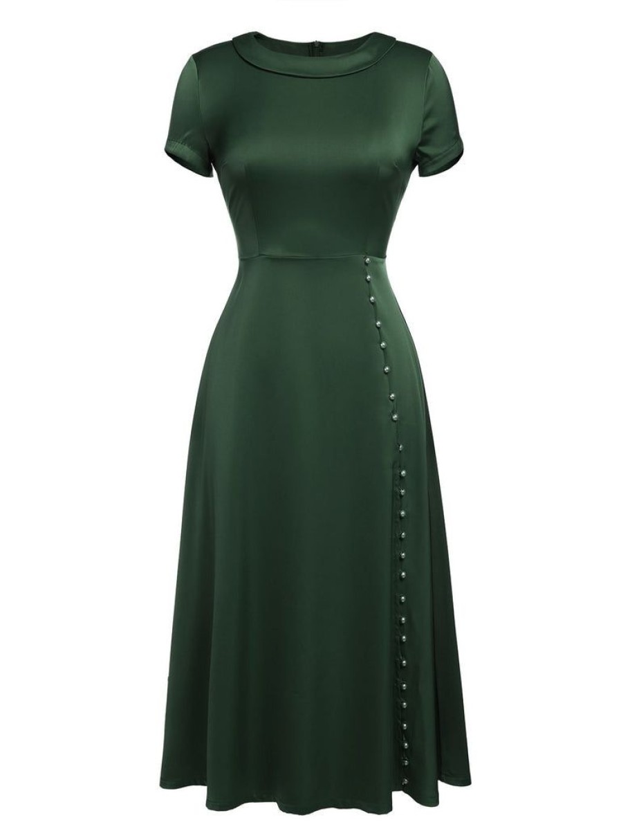 Clothing Retro Stage | 1940S Pearl Buttons Solid Darlene Dress