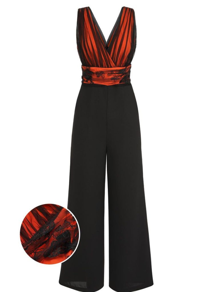 Clothing Retro Stage | 1930S Butterfly V-Neck Patchwork Jumpsuit Orange