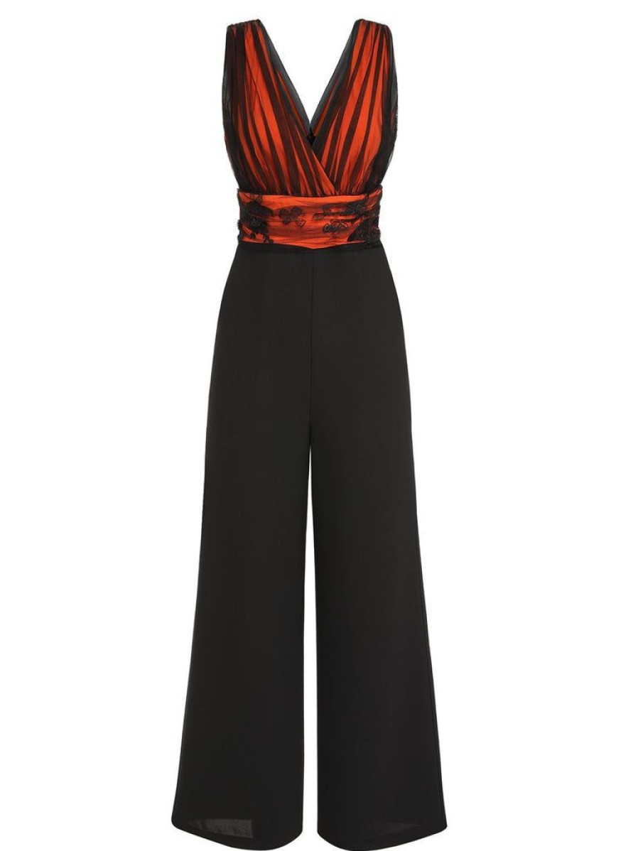 Clothing Retro Stage | 1930S Butterfly V-Neck Patchwork Jumpsuit Orange