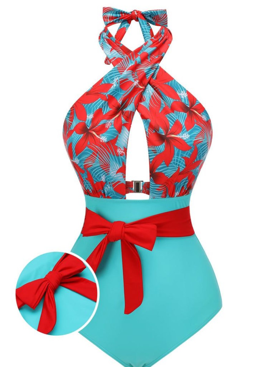 Clothing Retro Stage | 1950S Bow Tie Floral Cross Straps Swimsuit Red&Blue