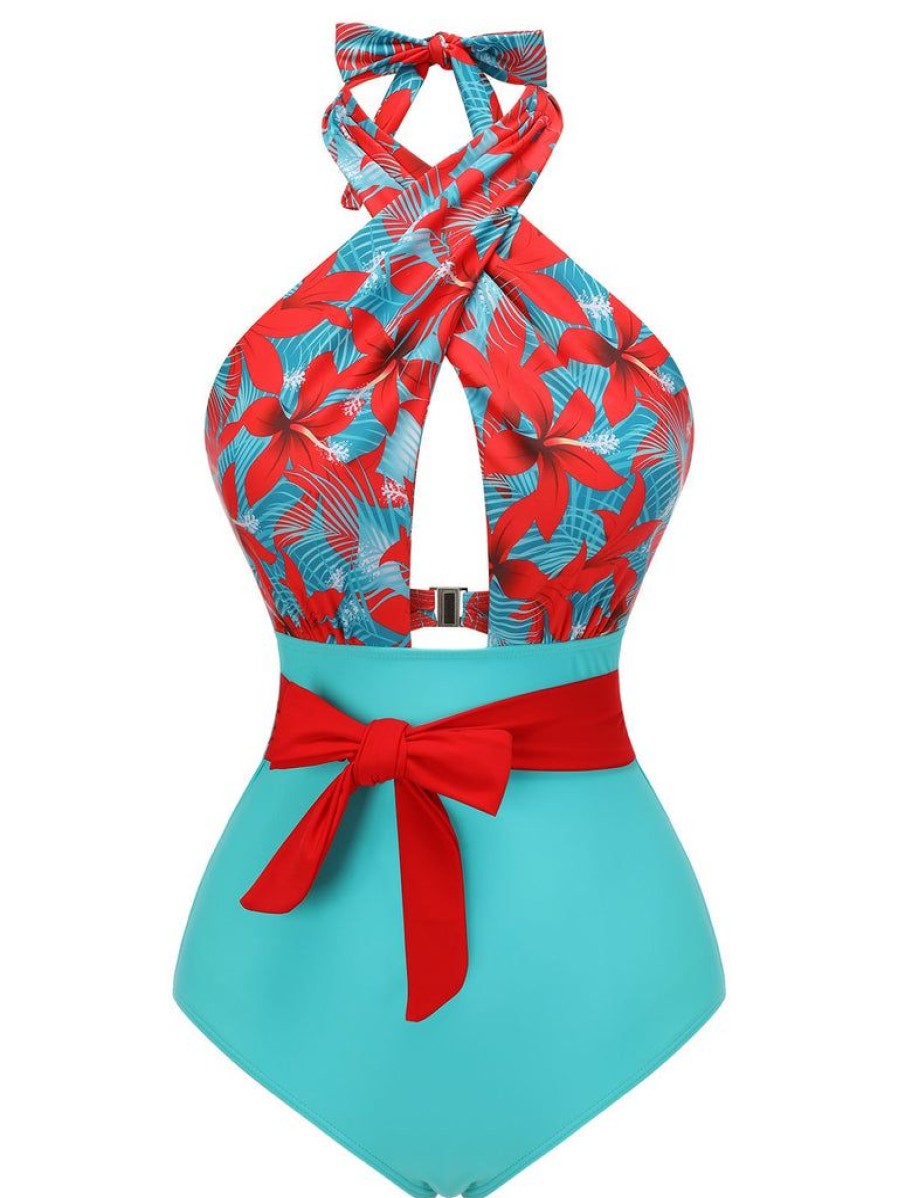 Clothing Retro Stage | 1950S Bow Tie Floral Cross Straps Swimsuit Red&Blue