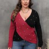 Clothing Retro Stage | [Plus Size] 1960S V-Neck Cross Sweater With Pearl