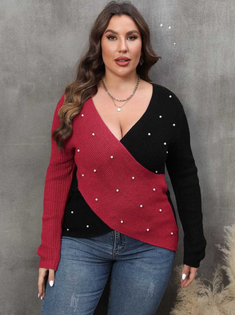 Clothing Retro Stage | [Plus Size] 1960S V-Neck Cross Sweater With Pearl