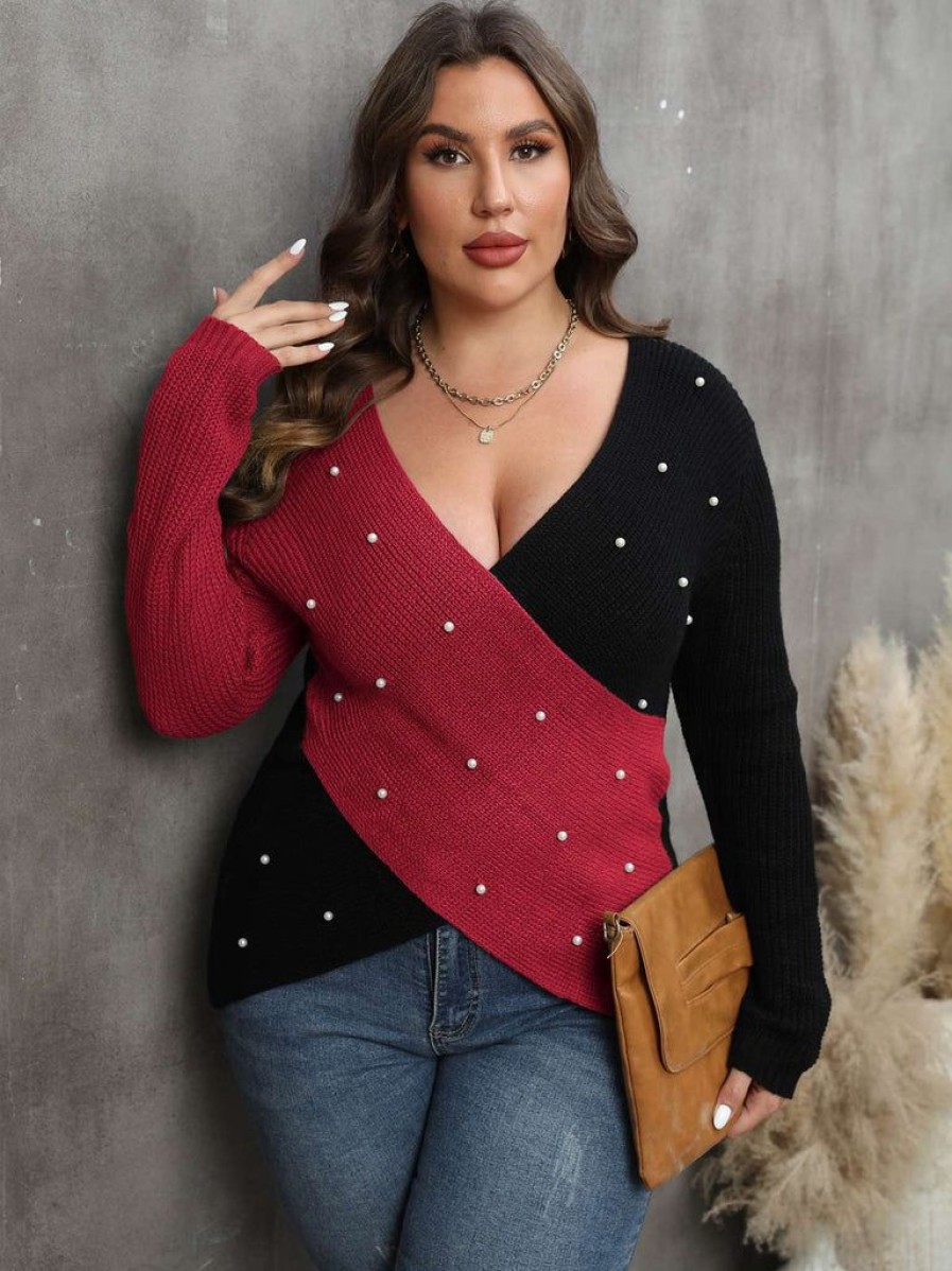 Clothing Retro Stage | [Plus Size] 1960S V-Neck Cross Sweater With Pearl