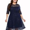 Clothing Retro Stage | [Plus Size] Blue 1950S Lace Half Sleeves Dress Navy Blue