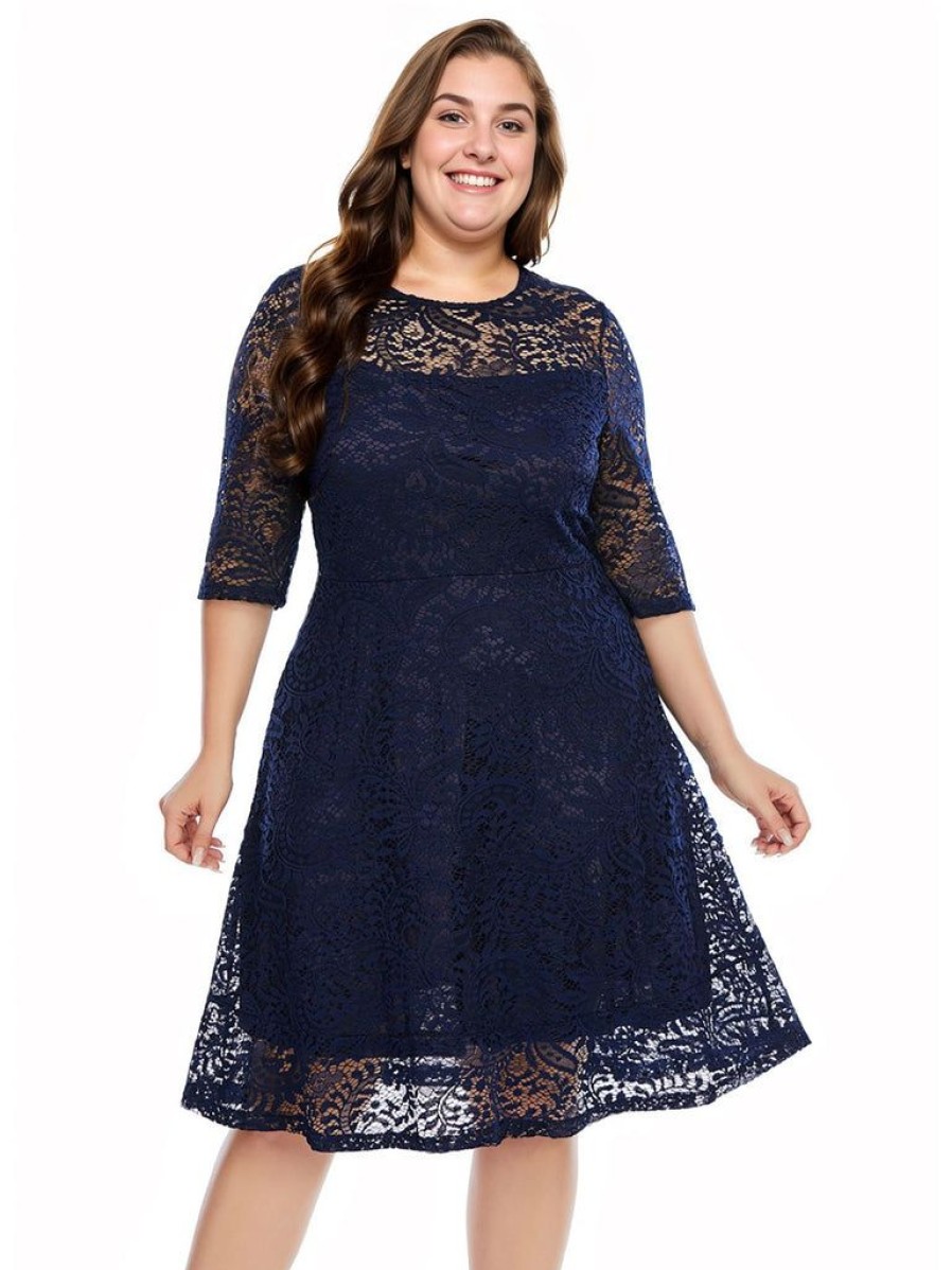 Clothing Retro Stage | [Plus Size] Blue 1950S Lace Half Sleeves Dress Navy Blue