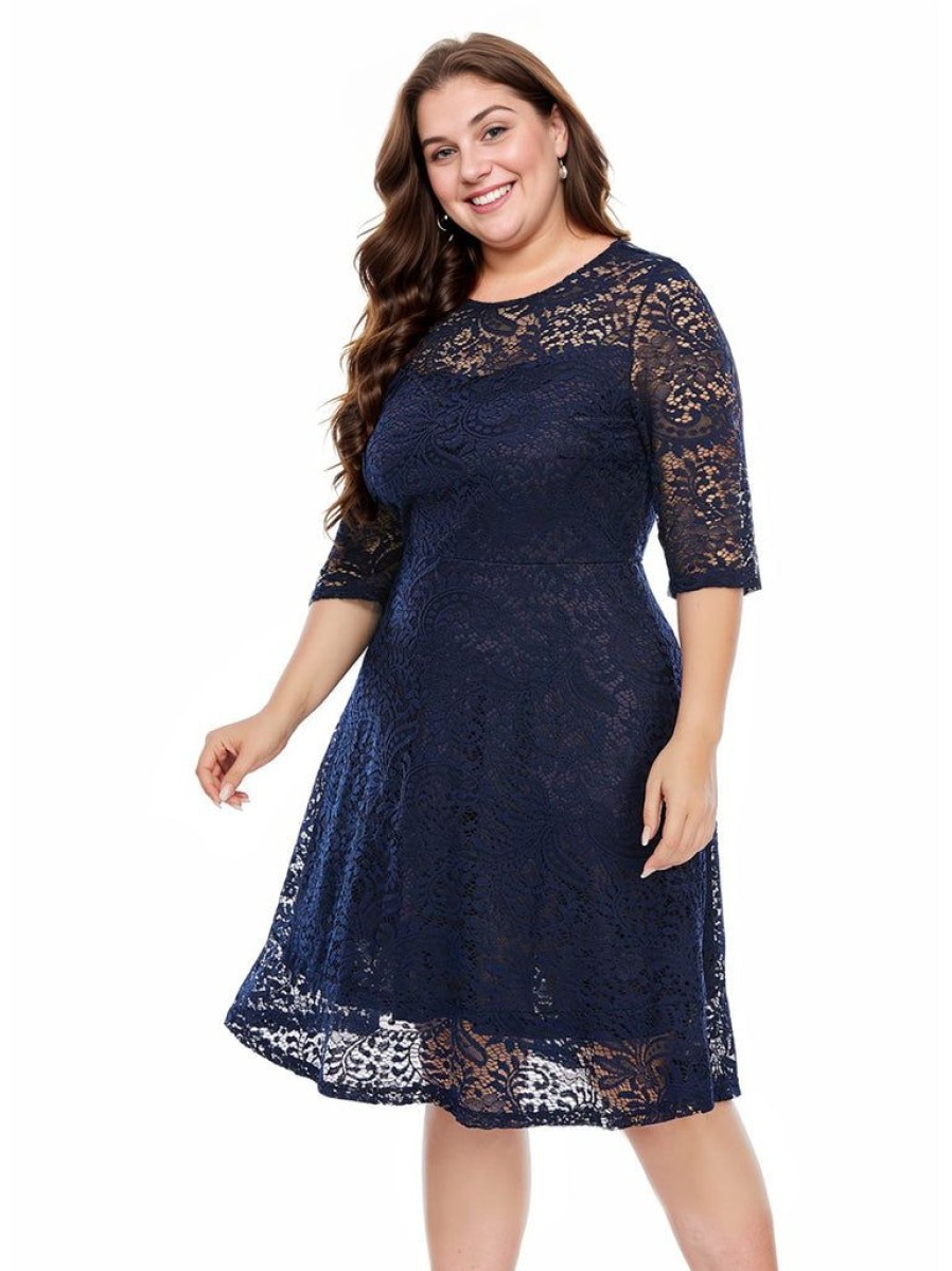 Clothing Retro Stage | [Plus Size] Blue 1950S Lace Half Sleeves Dress Navy Blue