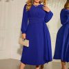 Clothing Retro Stage | [Plus Size] 1940S Puff Sleeve Lace-Up Solid Dress Blue