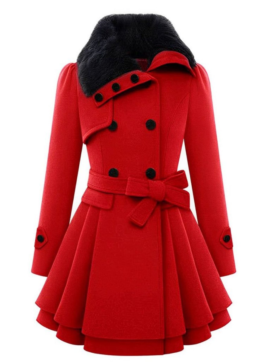 Clothing Retro Stage | Christmas Fur Collar Waisted Woolen Coat