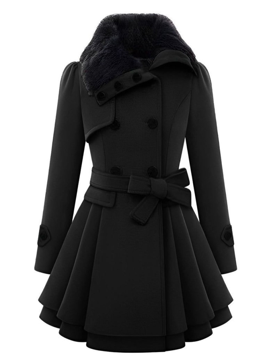 Clothing Retro Stage | Christmas Fur Collar Waisted Woolen Coat