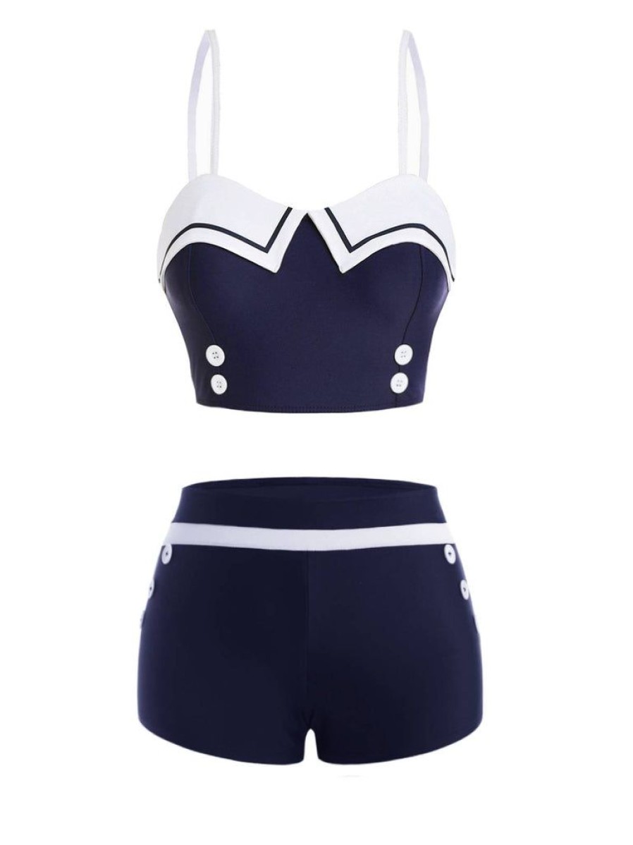 Clothing Retro Stage | 1950S Spaghetti Buttons Swimsuit Navy Blue