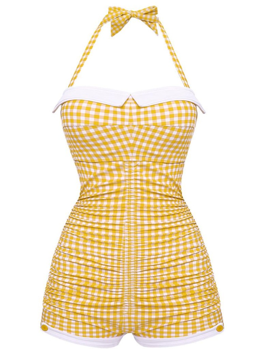 Clothing Retro Stage | Checked 1950S Halter Bowknot One-Piece Swimsuit