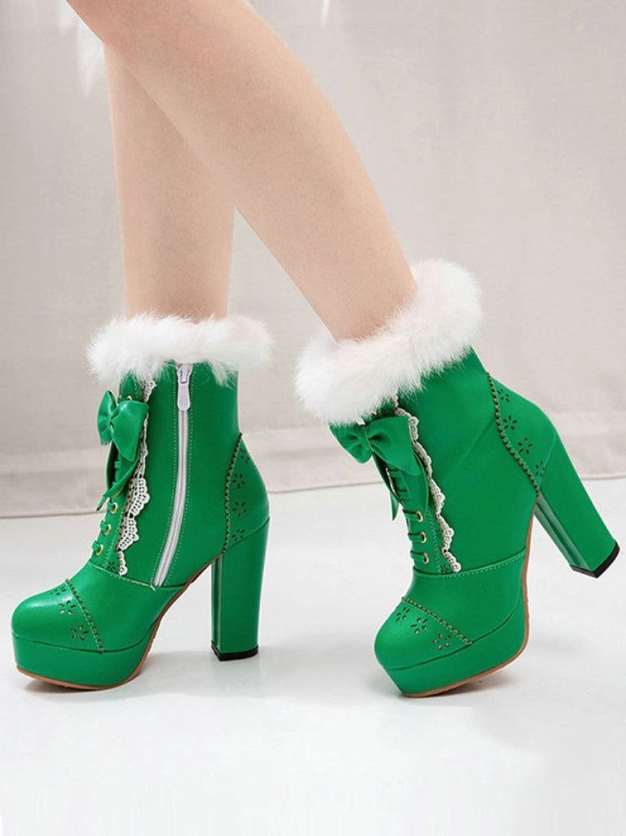 Shoes Retro Stage | Retro Furry Bowknot Chunky Heel Snow Boots