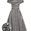 Clothing Retro Stage | Black 1950S Houndstooth Short Sleeve Belted Dress Black&Beige