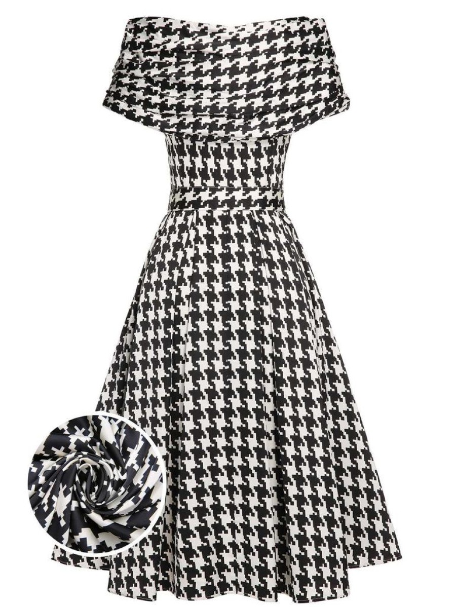 Clothing Retro Stage | Black 1950S Houndstooth Short Sleeve Belted Dress Black&Beige