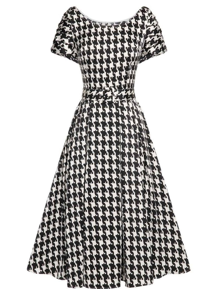 Clothing Retro Stage | Black 1950S Houndstooth Short Sleeve Belted Dress Black&Beige