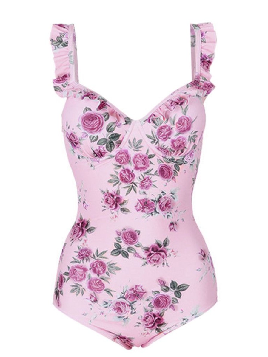 Clothing Retro Stage | 1960S Ruffled Floral One-Piece Swimsuit Pink