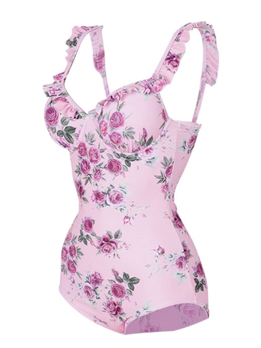 Clothing Retro Stage | 1960S Ruffled Floral One-Piece Swimsuit Pink