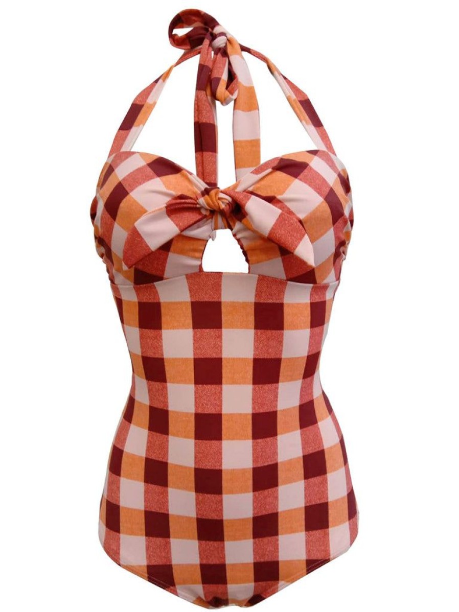 Clothing Retro Stage | 1950S Plaid Halter One-Piece Swimsuit Orange